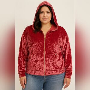 Fabletics Pink Berry Red Crushed Velvet Zip Hoodie Plus Size 2X Loungewear Glam